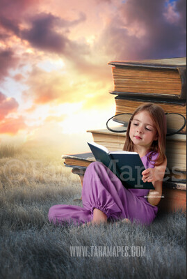 Stacks of Books in Field - Books in Dream World Colorful Sky - Book Lover - Dreamy Creamy Whimsical - Digital Background