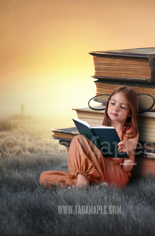 Stacks of Books in Field - Books in Dream World - Book Lover - Dreamy Creamy Whimsical - Digital Background
