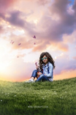 Colorful Hilltop in Sunset- Creamy Background - Colorful sky - Whimsical Landscape-  Digital Background / Backdrop