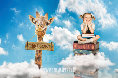 Giraffe in Sky with Stack of Books - Book Lovers - Book Worm Digital Background - Giraffe in Clouds Digital Background