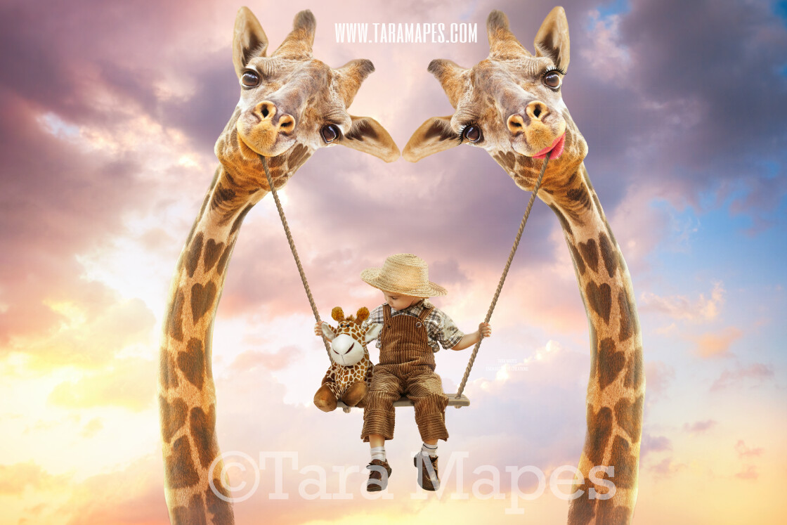 Giraffe Swing- Whimsical Pair of Giraffes - Giraffe Couple in Sky holding Swing - Digital Background - Giraffe in Clouds Digital Background