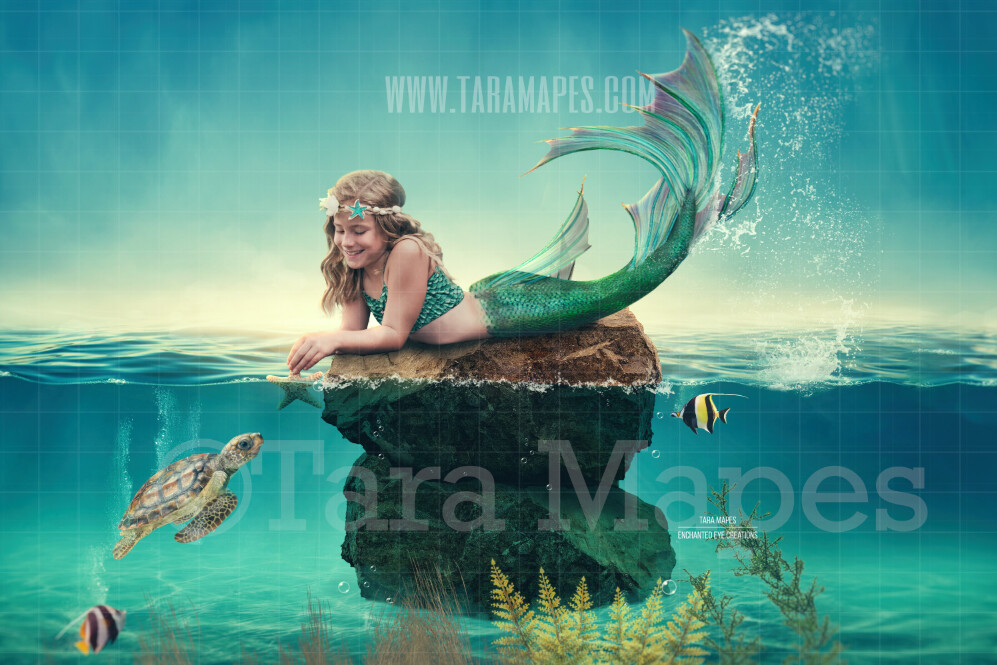 Mermaid Rock in Ocean - Rock in Ocean - Mermaid Scene- Whimsical Mermaid Scene Digital Background