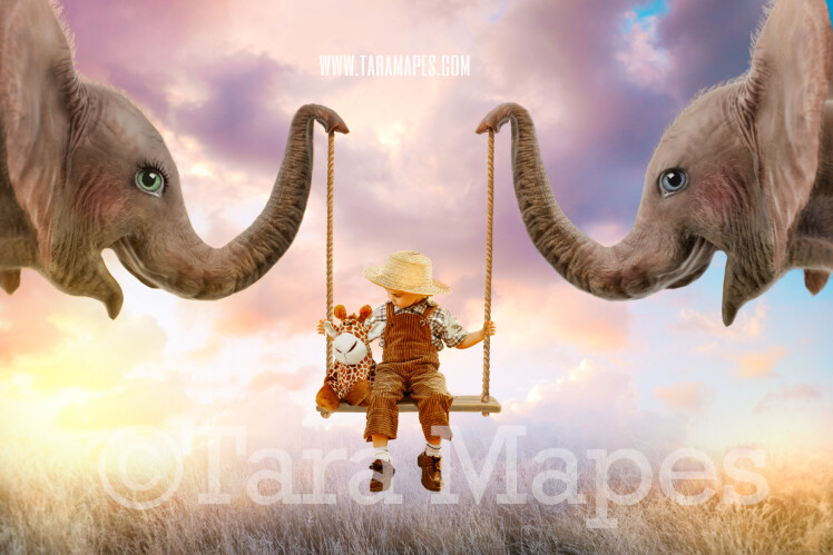 Elephant Swing- Whimsical Pair of Elephants - Elephant Couple holding Swing - Digital Background - Elephants in Whimsical Scene Digital Background