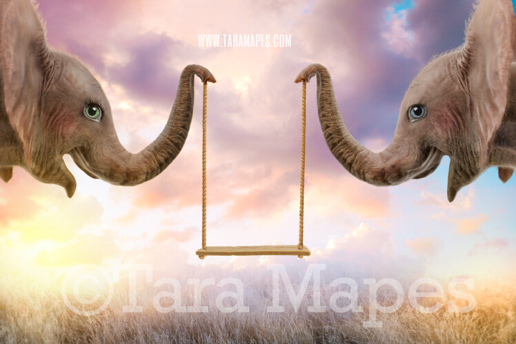 Elephant Swing Whimsical Pair of Elephants Elephant Couple holding Swing Digital Background Elephants in Whimsical Scene Digital Background