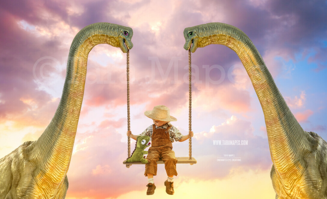 Dinosaur Swing- Whimsical Pair of Dinosaurs - Dino Couple holding Swing - Digital Background - Dinosaurss in Whimsical Scene Digital Background