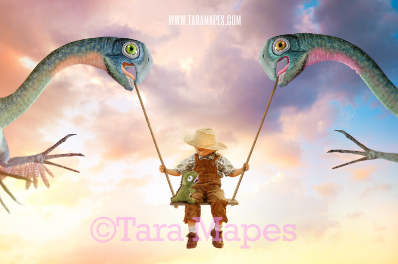 Funny Dinosaurs Swing- Whimsical Pair of Dinos - T Rex Funny Dinosaur Couple in Sky holding Swing - Digital Background - Dinos in Clouds Digital Background