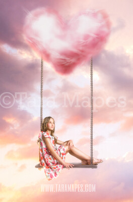 Heart Swing- Whimsical Heart Swing in Clouds - Digital Background JPG - Soft Creamy Magical Heart Scene Digital Background