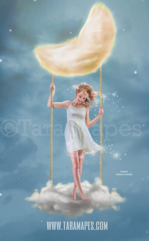 Moon Swing- Whimsical Moon Swing in Clouds and Stars - Digital Background JPG - Soft Creamy Magical Cloud Moon Night Scene by Tara Mapes