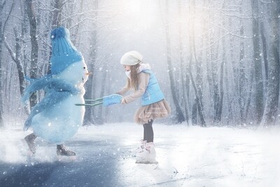 Snowman Iceskating -Snowman Ice Skating -Winter Snowy Scene- Separate Snow Overlay - Christmas Digital Background Backdrop