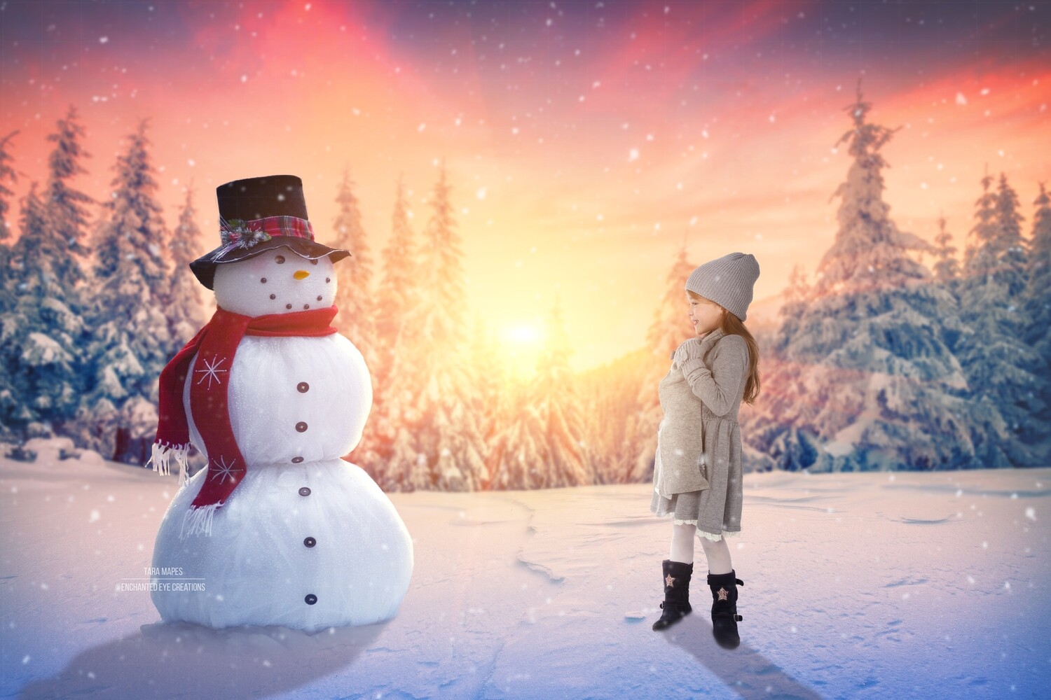 Snowman by Pines - Sunset- Frosty the Snowman- Winter Christmas Digital Background Backdrop