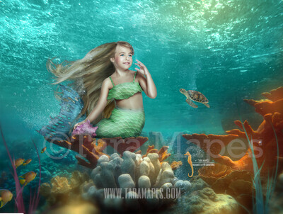 Mermaid Tail on Coral - Mermaid Scene Underwater in Ocean Layered PSD - Mermaid Scene with Sea Life Turtles Fish Seahorse- Whimsical Mermaid Scene Digital Background