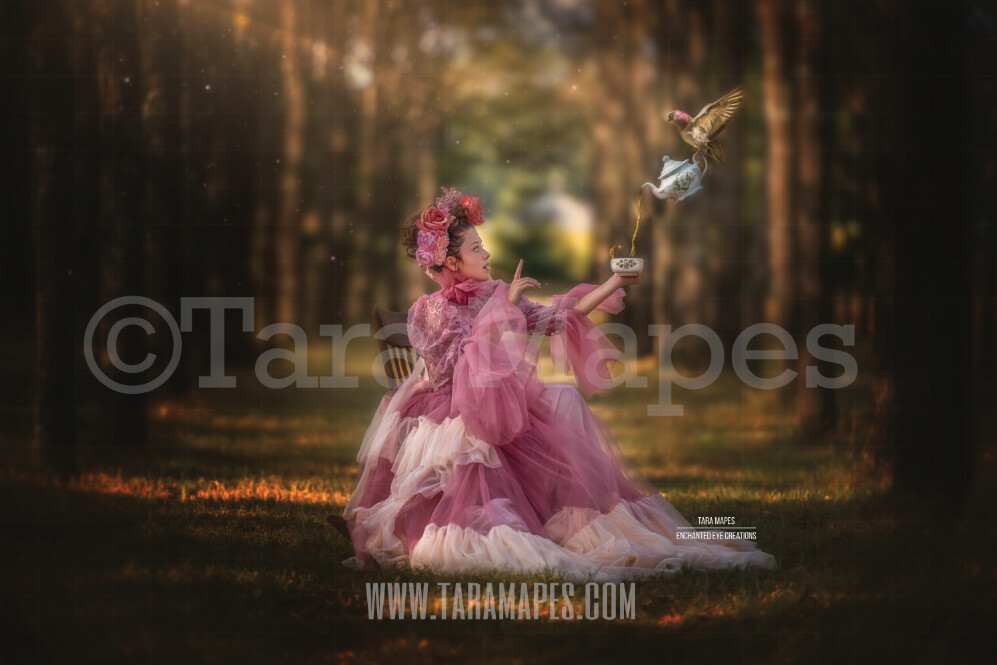 Bird Pouring Tea into Cup in Enchanted Forest Corridor of Trees- Creamy Natural Background - Bokeh Digital Background by Tara Mapes