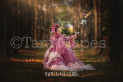 Bird Pouring Tea into Cup in Enchanted Forest Corridor of Trees- Creamy Natural Background - Bokeh Digital Background by Tara Mapes