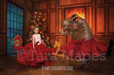 Hippo Dancing - I Want a Hippo Hippopotamus For Christmas - Christmas Hippo with Bow - Digital Background Backdrop