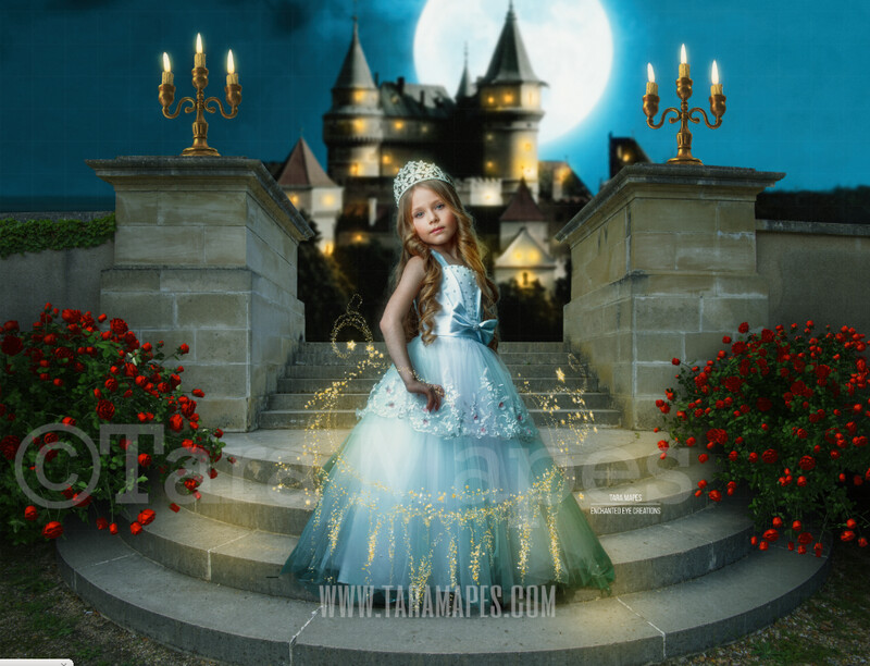Princess Castle Staircase - Round Castle Stairs with Castle in Background - Fairytale Moonlight Castle - Digital Background Backdrop Photoshop