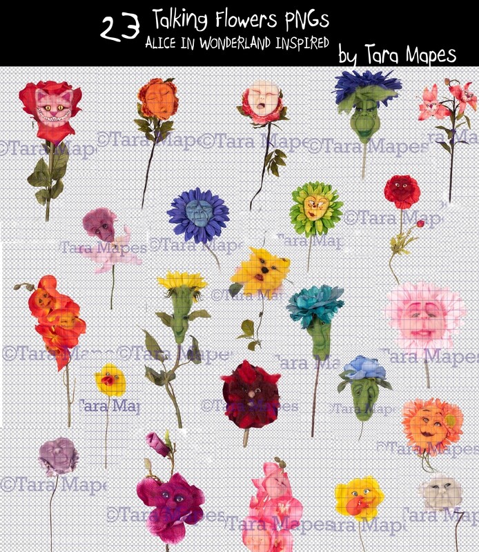 23 Talking Flowers -  Talking Flowers Bundle of 23 Overlays with Funny Faces - Alice in Wonderland Inspired PNG - Digital Overlays by Tara Mapes Enchanted Eye Creations