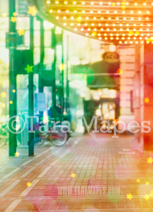 Colorful Street by Theater in City Digital Background Backdrop - Paint the City - Star Overlay Included - City Theater Street for Portraits Digital Background