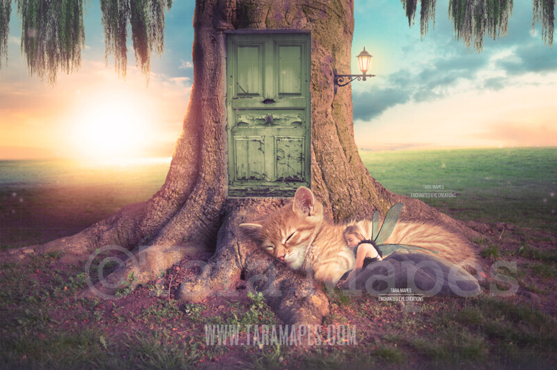 Fairy Tree with Door and Kitten - Fairy Tree Scene - Fairy Home with Cat - Creamy Nature - Digital Background / Backdrop