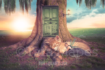 Fairy Tree with Door and Kitten - Fairy Tree Scene - Fairy Home with Cat - Creamy Nature - Digital Background / Backdrop