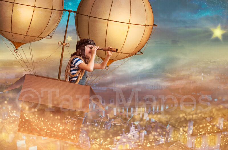 Cardboard Hot Air Balloon over City - Cardboard Steampunk Balloon over Town - Digital Background by Tara Mapes