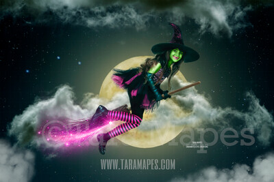 Witch Broom in Moon -  Halloween Moon Magic - Broom in Sky Halloween Digital Background / Backdrop