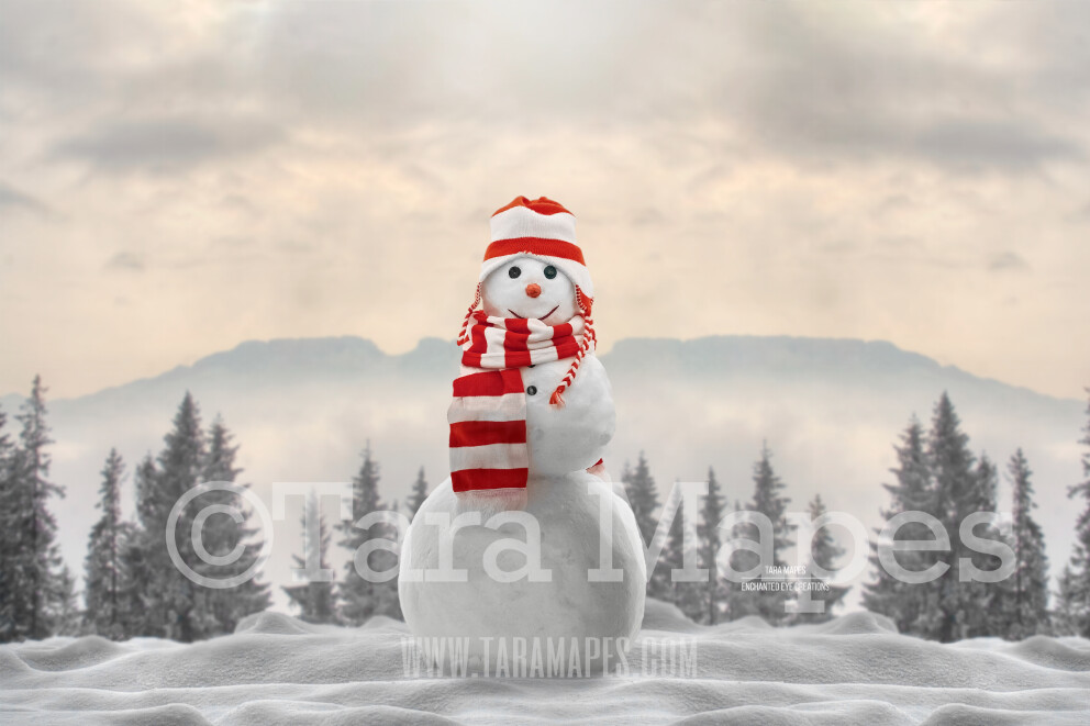 Snowman by Mountains - Snowman by Pine Trees - Frosty the Snowman- Snowman in Hat and Scarf - Winter Christmas Digital Background Backdrop