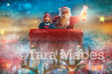 Santa Sleigh Ride Over Christmas Town - North Pole - Christmas Winter Holiday Digital Background Backdrop