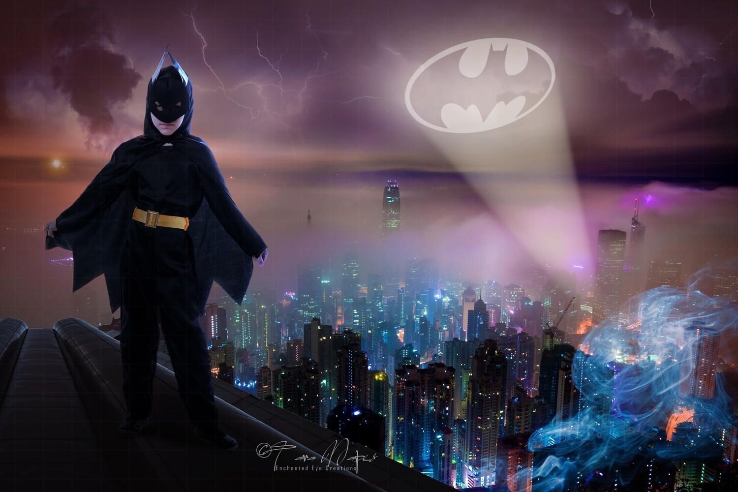 Batman Superhero Over City Digital Background Backdrop