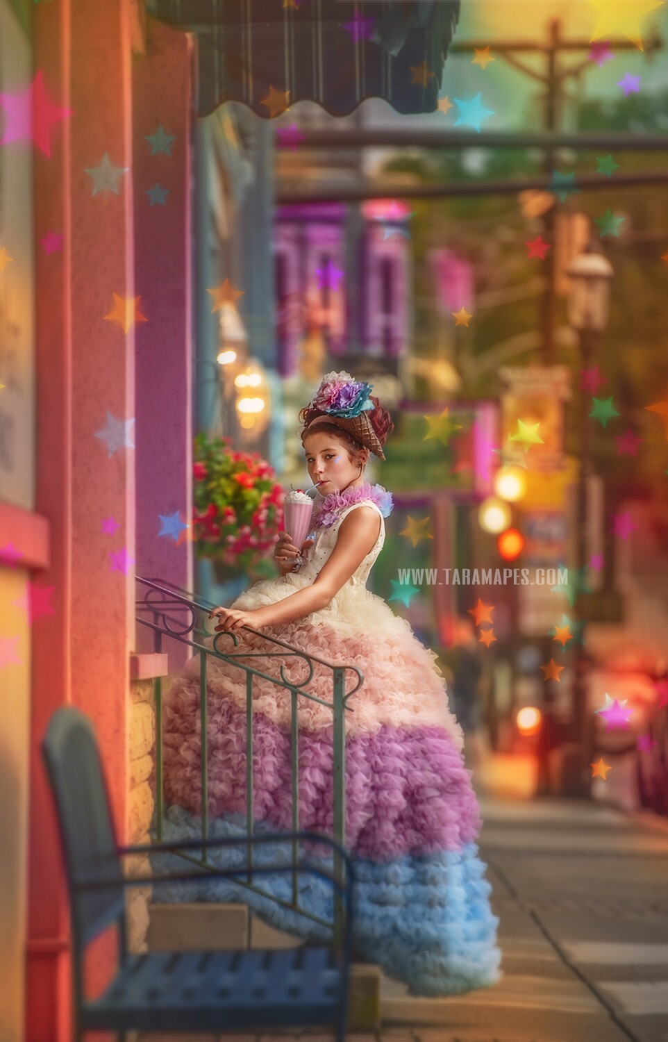 Ice Cream City - Colorful Street Stairs in 50s City Digital Background Backdrop - Paint the City - Star Overlay Included - City Theater Street stairs for Portraits Digital Background