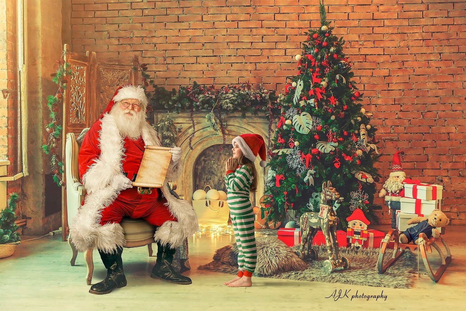 Santa in Chair in Warm Room Reading Naughty or Nice List by Fireplace - Santa with Scroll - The Good List - Christmas Holiday Digital Background Backdrop