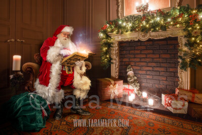 Santa by Fireplace Reading Book - Santa Reading Magic Book - The Good List - Christmas Holiday Digital Background Backdrop