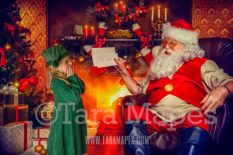 Letter to Santa - Santa with Letter - Santa by Fireplace with Envelope- Christmas Holiday Digital Background Backdrop