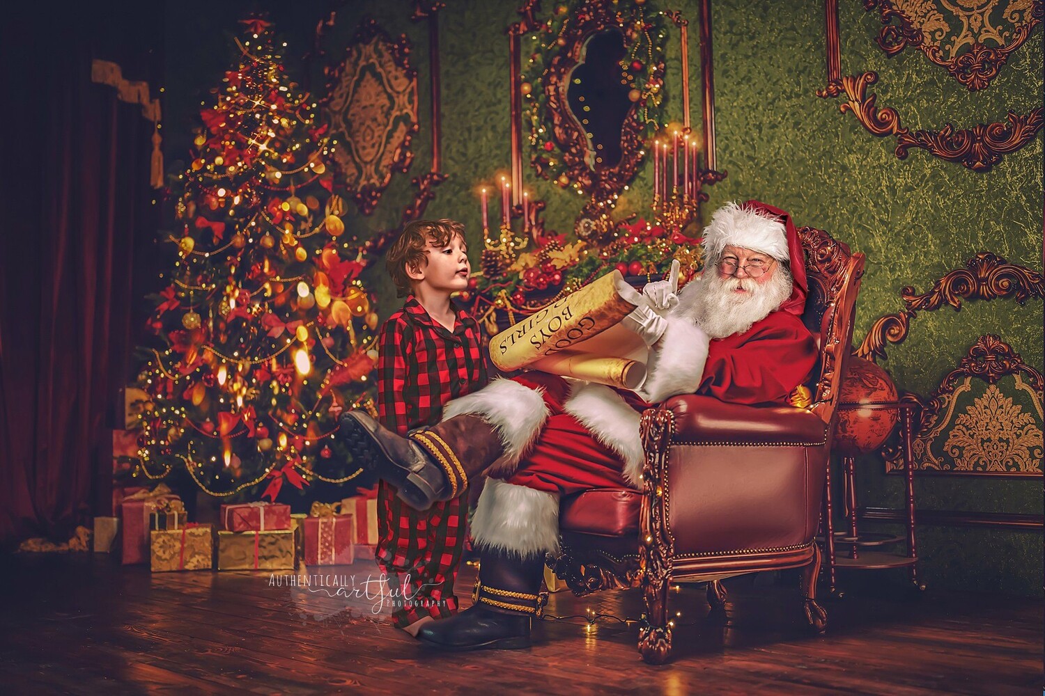 Santa by Fireplace Reading Good List - Santa Scroll - The Good List - Christmas Holiday Digital Background Backdrop
