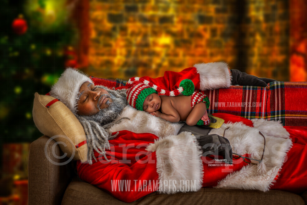 Sleeping Black Santa - African American Santa Sleeping on Couch- Newborn - Christmas Holiday Digital Background Backdrop