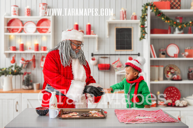 Black Santa Christmas Kitchen - Baking Christmas Cookies with Black Santa - LAYERED PSD - Holiday Christmas Digital Background / Backdrop