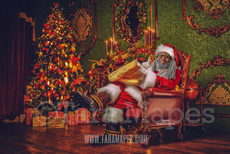 Black Santa by Fireplace Reading Good List - Santa Scroll - The Good List - Christmas Holiday Digital Background Backdrop