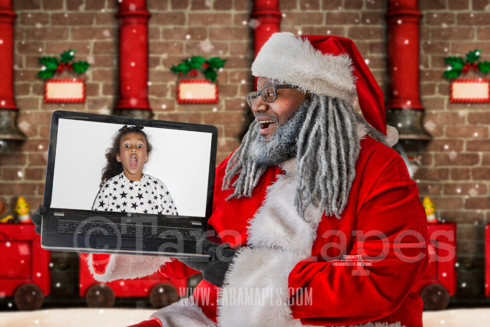 Black Santa with Laptop - Black Santa Remote Virtual Visit Scene - Zoom Call with Santa - LAYERED PSD - Holiday Christmas Digital Background / Backdrop