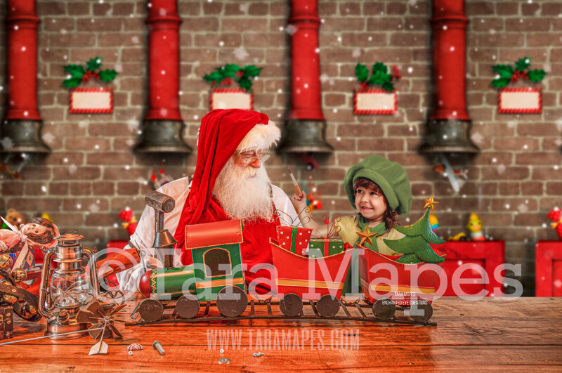 Santa's Workshop Digital Background - Santa's Toy Shop - LAYERED PSD! Santas Work Shop - Santa with Train - Holiday Christmas Digital Background / Backdrop