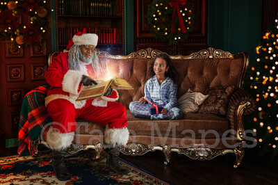 Black Santa Reading Book on Couch by Fireplace - Black Santa with Magic Book - Cozy Christmas Holiday Digital Background Backdrop