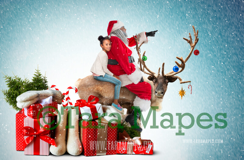 Rudolph Ride - Black Santa on Reindeer FREE SNOW OVERLAY - Black Santa Riding North Pole- Christmas Holiday Digital Background Backdrop