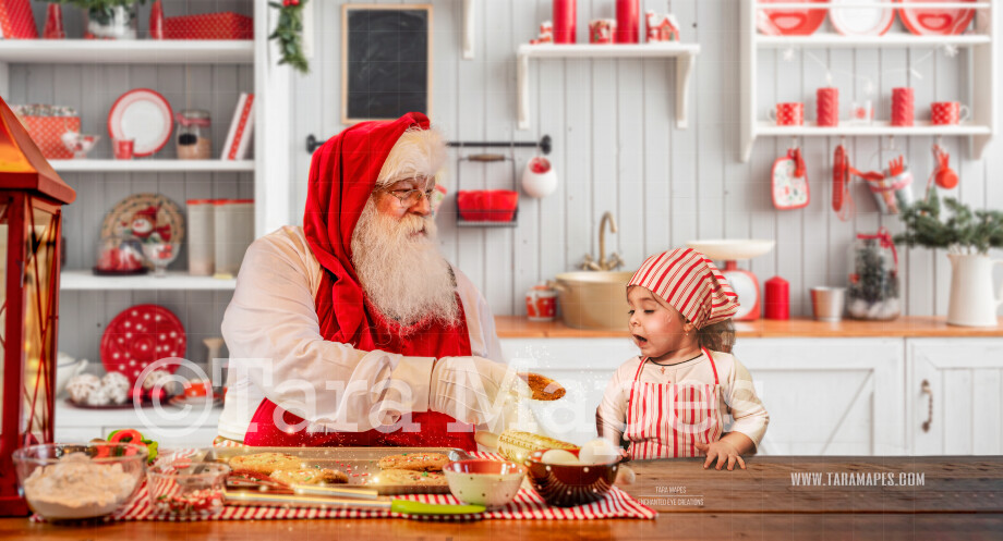 Baking Cookies with Santa  Christmas Kitchen with Santa - Christmas Holiday Digital Background Backdrop FREE SPARKLES OVERLAY INCLUDED