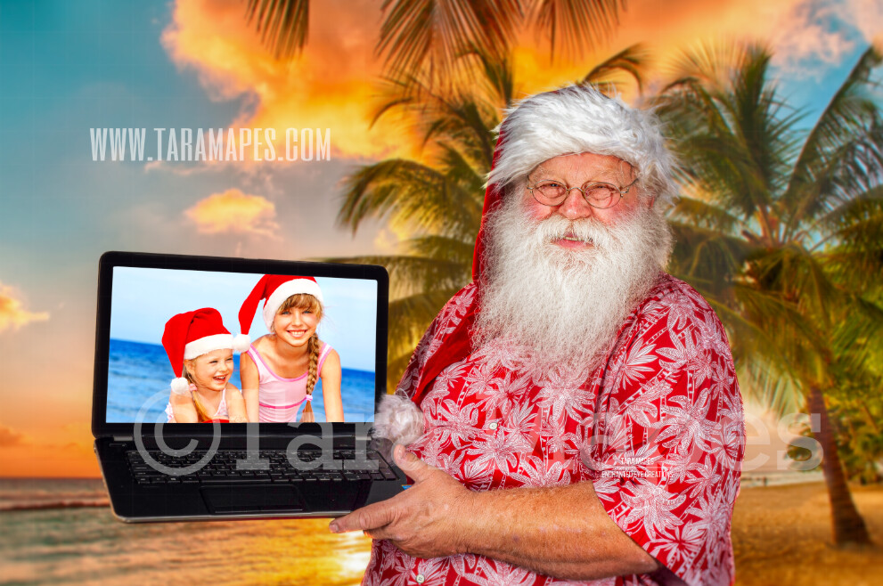 Beach Santa Virtual Visit - Zoom Santa - Digital Background - Santa's Laptop - LAYERED PSD! Aloha Santa - Holiday Christmas Digital Background / Backdrop