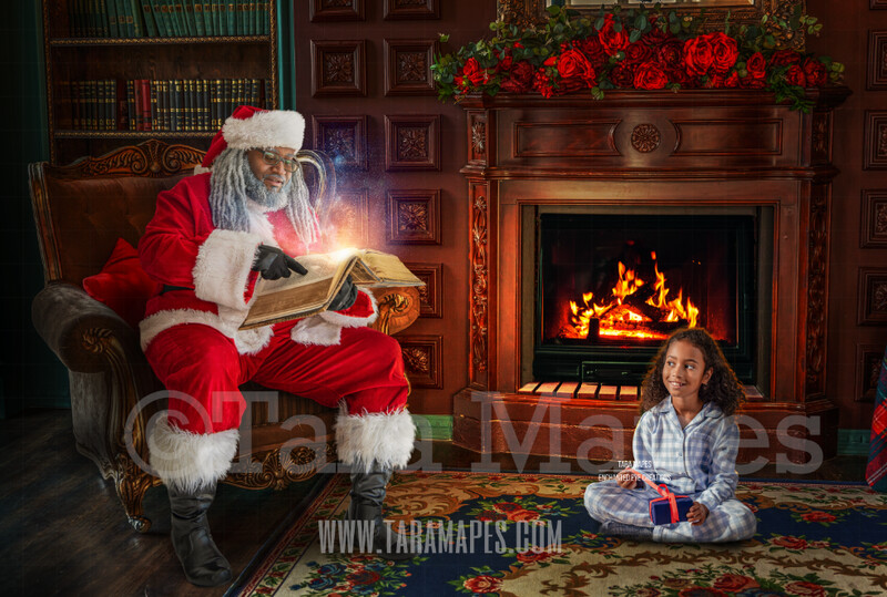 Black Santa Reading Magic Book on Chair by Fireplace - Black Santa with Magic Book - Cozy Christmas Holiday Digital Background Backdrop