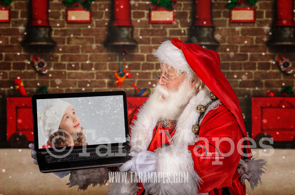 Santa with Laptop - Santa Remote Virtual Visit Scene - Zoom Call with Santa - LAYERED PSD - Holiday Christmas Digital Background / Backdrop