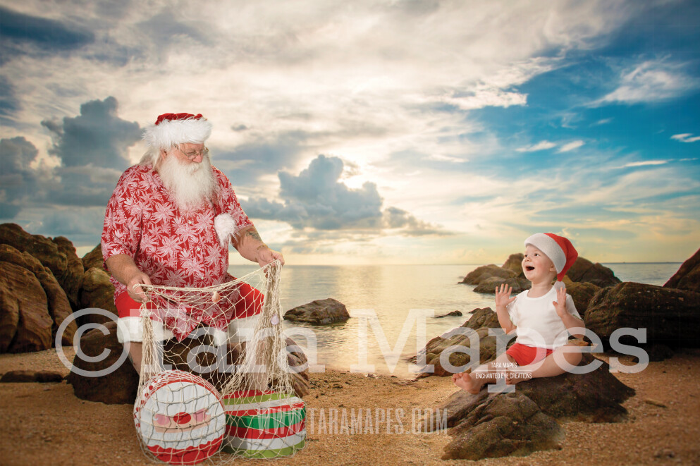 Beach Santa with Shell Net Bag of Gifts by Ocean - Beach Santa in Shorts and Hawaiian shirt - Cozy Warm Christmas Holiday Digital Background Backdrop