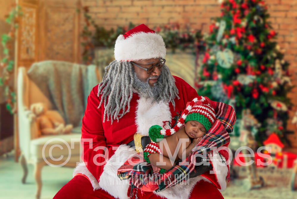 Black Santa With Arms Posed for Newborn - Black Santa Newborn Scene - Cozy Christmas Holiday Digital Background Backdrop