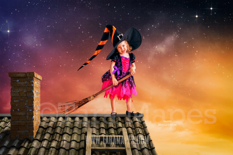 Halloween Rooftop -  Rooftop Over Sunset Sky - Halloween Digital Background / Backdrop
