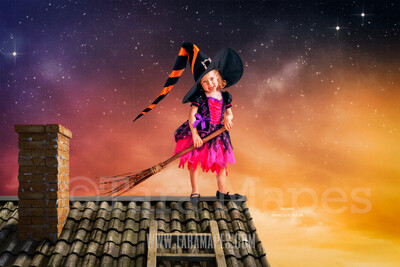 Halloween Rooftop -  Rooftop Over Sunset Sky - Halloween Digital Background / Backdrop