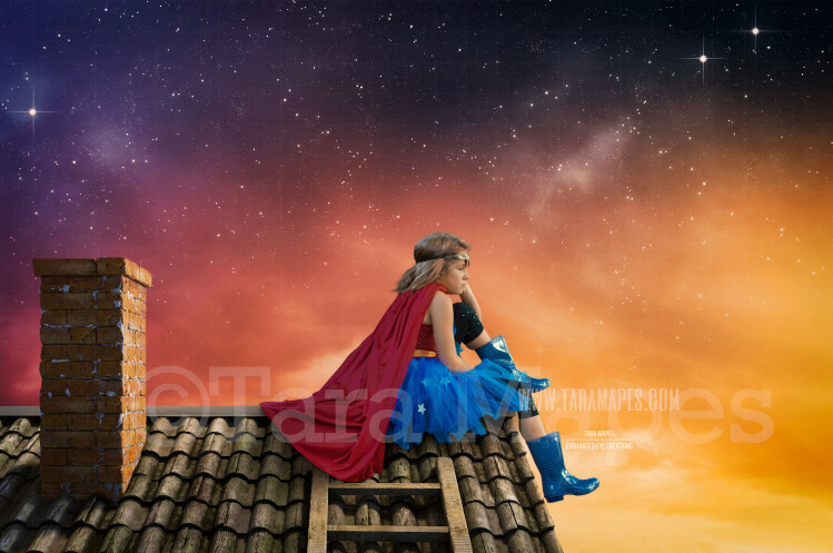 Superhero Digital Backdrop - Roof top over Stormy City Digital Background