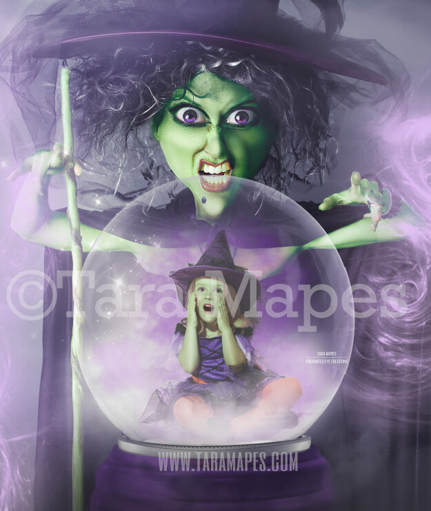 Witch Looking in Magic Snow Globe LAYERED PSD- Snowglobe Halloween Witch Digital Background / Backdrop